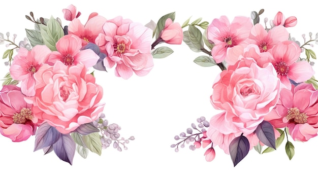 Foto conjunto de borde de flores de acuarela marco floral rosa con peonía rosa hortensia arreglo de corona para decoración de invitación de tarjeta ai generativa