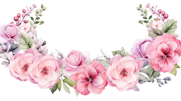 Foto conjunto de borde de flores de acuarela marco floral rosa con peonía rosa hortensia arreglo de corona para decoración de invitación de tarjeta ai generativa