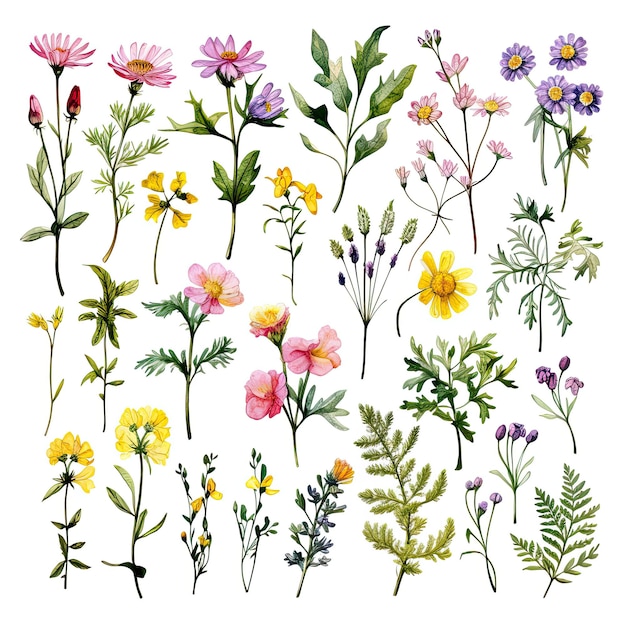 Foto conjunto botânico de ervas e flores silvestres