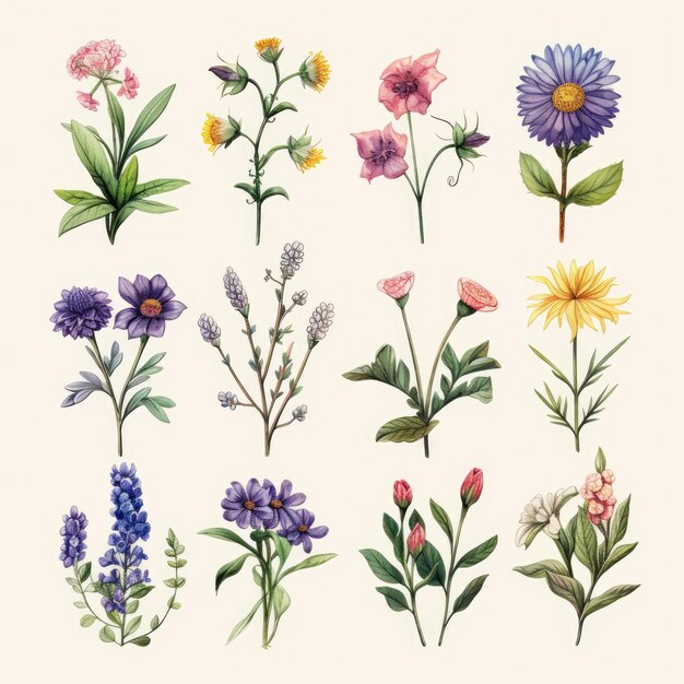 Foto conjunto botánico de hierbas y flores silvestres