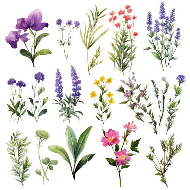 Conjunto botánico de hierbas y flores silvestres