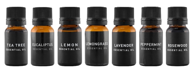 Conjunto de botellas de aceite esencial aisladas en un blanco Lavanda limoncillo limón menta palo de rosa árbol de té y aceites de eucalipto Cosmética natural aromaterapia bienestar cuidado de la piel Trazado de recorte