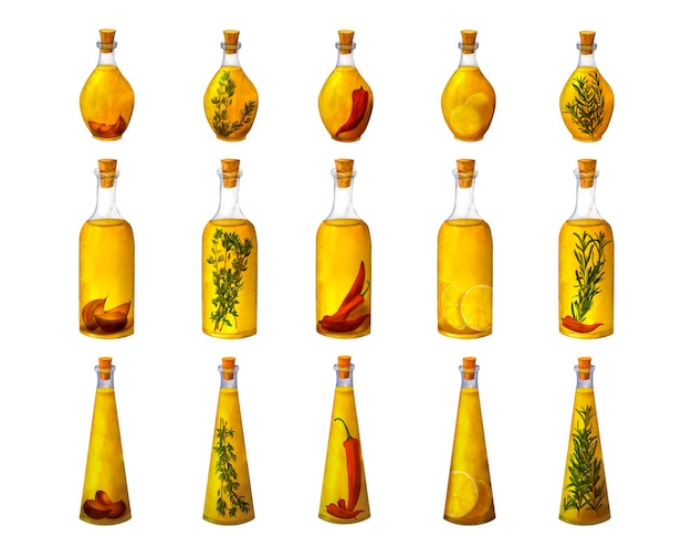Conjunto de botellas de aceite de oliva con sabor con especias hierbas chile picante pimienta ajo limón tomillo y romero