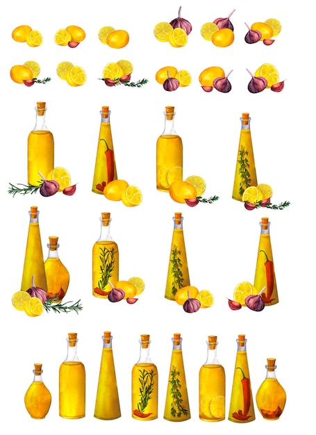 Conjunto de botellas de aceite de oliva con sabor con especias hierbas pimienta picante ajo limón tomillo y romero aislados sobre fondo blanco