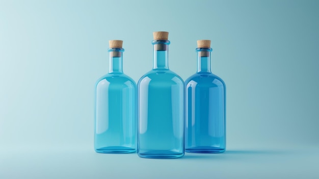 Foto conjunto de botellas de cóctel azules con fondo azul claro aislado en 3d