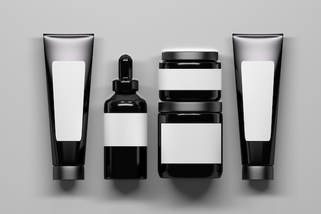 Conjunto de botellas de cosméticos brillante negro empaquetado con etiquetas blancas. Botellas con espacio en blanco vacío. 3d ilustración