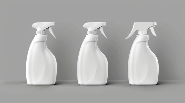 Foto conjunto de botellas de detergente aisladas sobre un fondo gris ilustración realista moderna de una maqueta de recipiente de plástico blanco con disparador de pulverización espacio de marca en blanco tela de gel de lavado textil para el hogar