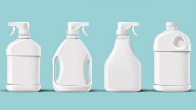 Conjunto de botellas de detergente para lavar la ropa aisladas sobre un fondo blanco Moderno modelo de envases de plástico blanco con espacio para la marca hogar gel de lavado textil ablandador de tela orgánico