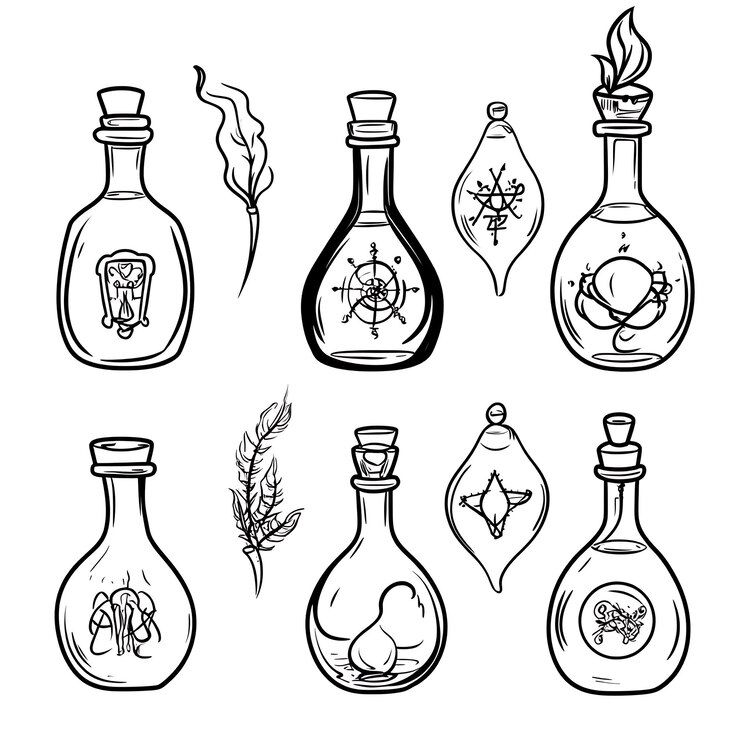 Foto un conjunto de botellas con diferentes tipos de líquidos y hierbas
