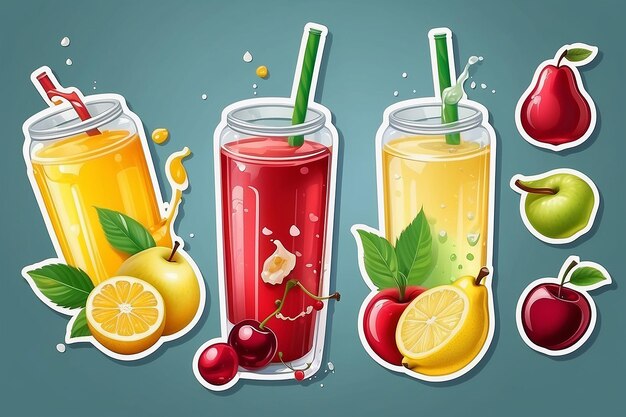 Foto conjunto de botellas de jugo de frutas con pegatinas de cereza y limón