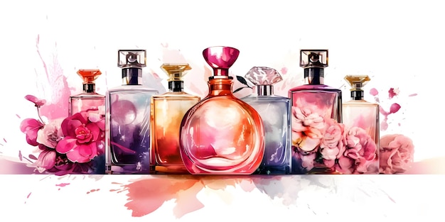 Conjunto de botellas de perfume florales de vidrio multicolor transparente sobre un fondo simple y claro Composición artística bodegones Elegante parfumerie ad banner Generativo Ai