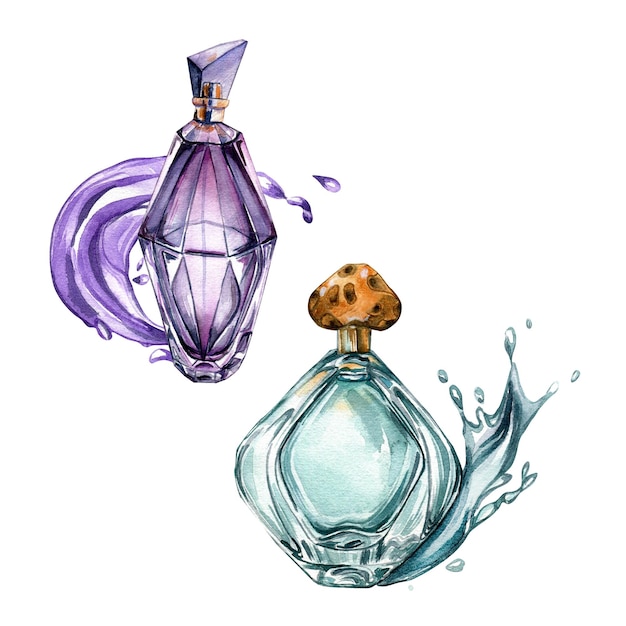 Conjunto de botellas de perfume con ilustración de acuarela de salpicaduras de agua aislado