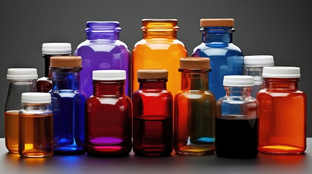 Conjunto de botellas de plástico con bebidas transparentes de colores creadas con tecnología de IA generativa