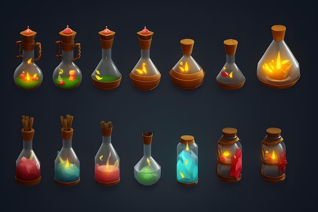 Conjunto de botellas de pociones mágicas, red neuronal, arte generado por ai