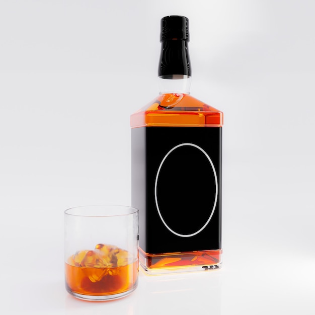 Un conjunto de botellas transparentes y vasos elegantes para contener bebidas alcohólicas como brandy y whisky medio vaso claro de licor con cubos de hielo colocado en un suelo brillante fondo blanco renderización 3D