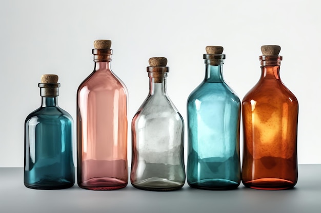 Un conjunto de botellas de vidrio vintage objeto blanco aislado