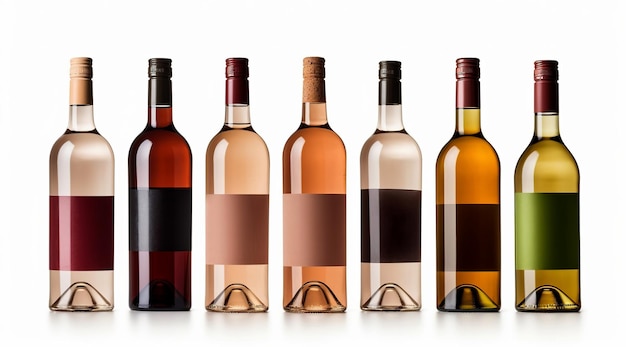 Conjunto de botellas de vino sobre un fondo blanco Botellas de vino con etiqueta vacía MOCK UP AI Generado