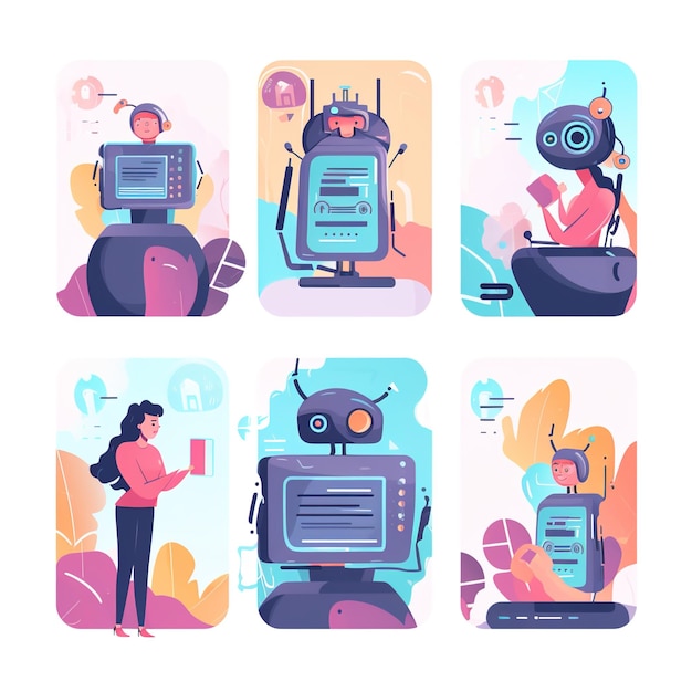 Foto conjunto de bots de chat que utilizan y conversan con un bot de chat de inteligencia artificial desarrollado por una empresa de tecnología, ilustración conceptual del asistente de conversación de la aplicación del robot de chat digital