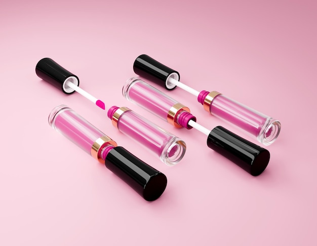 Conjunto de brillo de labios de color rosa púrpura aislado sobre fondo rosa Lápiz labial líquido Cosmético de brillo de labios