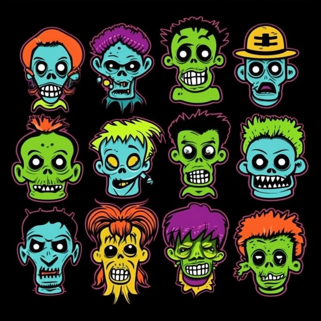 Un conjunto de cabezas de zombis de dibujos animados con diferentes colores y tamaños generativos ai