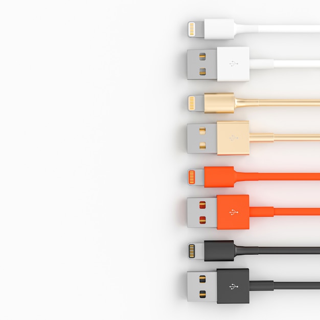 Foto conjunto de cables de conexión usb sobre fondo blanco.