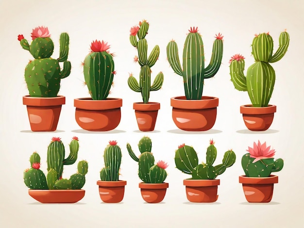 Conjunto de cactus y plantas suculentas en olla sobre fondo blanco