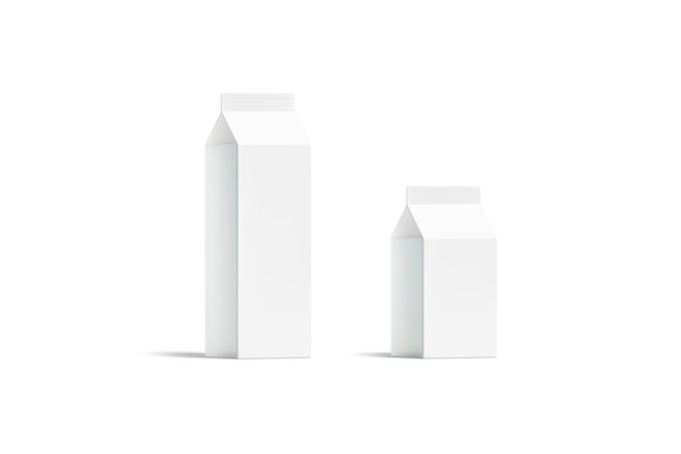 Conjunto de caja de paquete de leche pequeña y grande blanca en blanco, aislado, representación 3d. Bolsa de papel vacía para bebida fresca, media vista frontal. Envase transparente rex para productos lácteos.