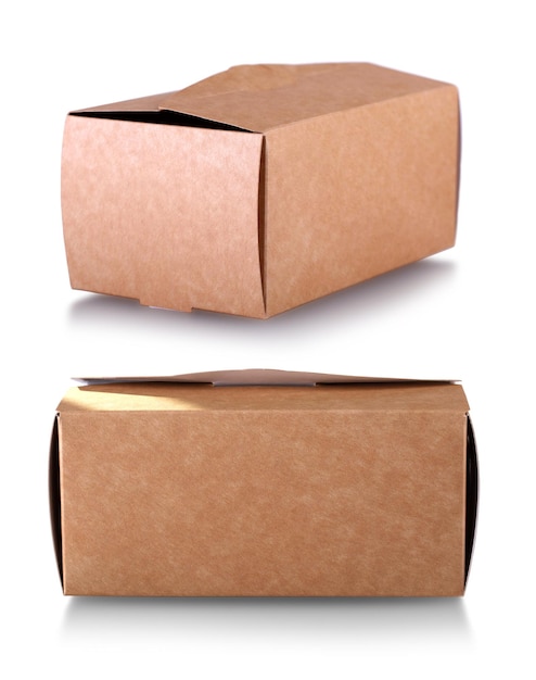 Conjunto de cajas de comida de papel marrón aisladas sobre fondo blanco