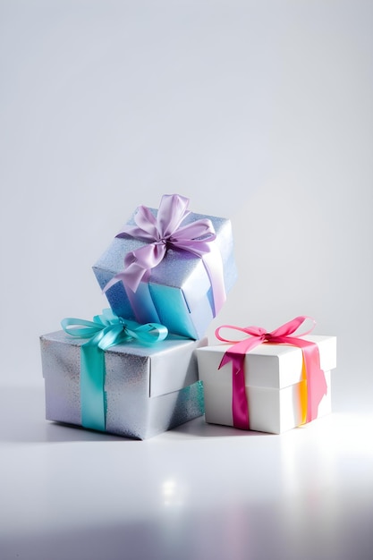 Conjunto de cajas de regalo brillantes en tarjeta de regalo de fondo claro Espacio de copia de banner de concepto de regalo o vacaciones