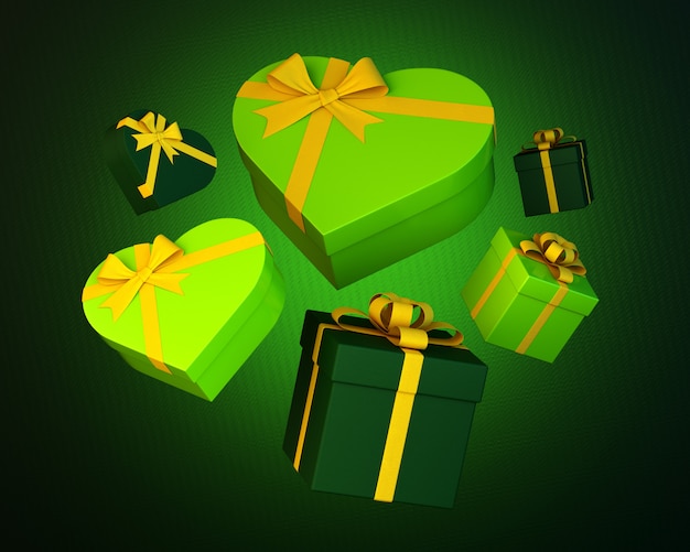 Conjunto de cajas de regalo verde y corazones con cinta amarilla en bruto verde. Ilustración 3d