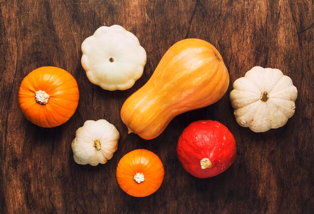 Conjunto de calabazas de colores en el espacio vacío de la endecha plana de madera Calabazas frescas en la mesa de madera fondo rústico de otoño Cosecha estacional otoño alimentos orgánicos concepto de comida saludable