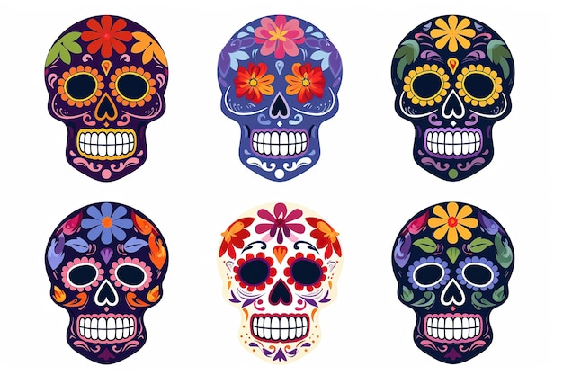 Foto conjunto de calaveras de azúcar planas dia de muertos