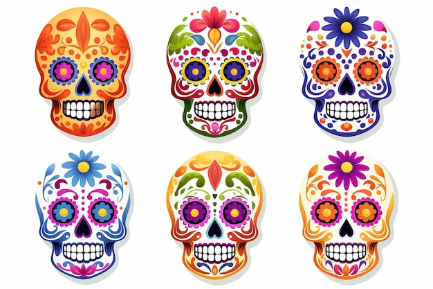 conjunto de calaveras de azúcar planas dia de muertos