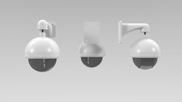 Conjunto de cámara CCTV de renderizado 3D (vista frontal, posterior, lateral), CCTV blanco, lente negra,