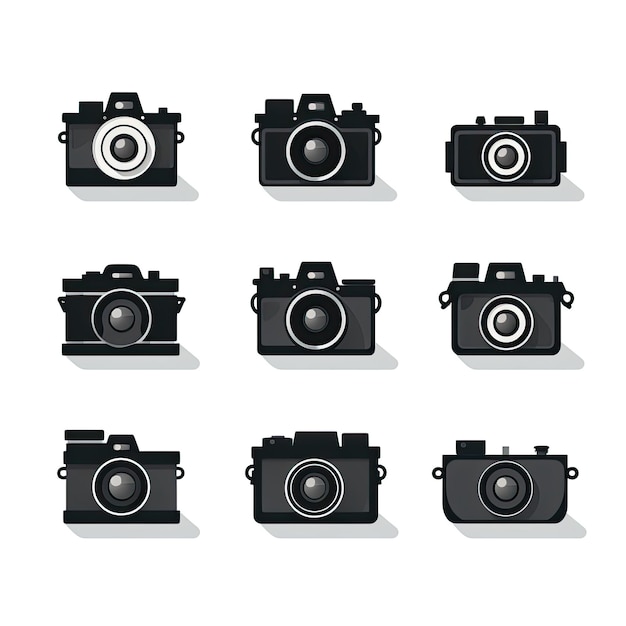 Conjunto de cámaras en blanco y negro aisladas sobre un fondo blanco Ilustración vectorial