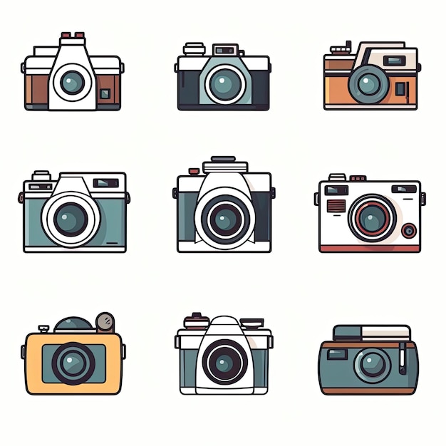 Conjunto de cámaras retro antiguas aisladas sobre un fondo blanco Ilustración vectorial