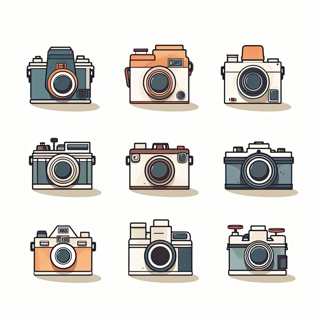 Conjunto de cámaras retro antiguas aisladas sobre un fondo blanco Ilustración vectorial