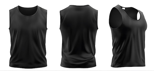 Foto conjunto de camisetas para hombres negras delanteras, traseras y laterales sin mangas aisladas sobre fondo blanco