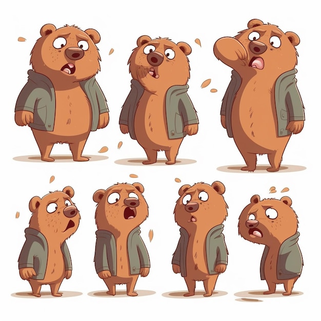 Conjunto de caracteres de oso de dibujos animados con diferentes expresiones generativas ai