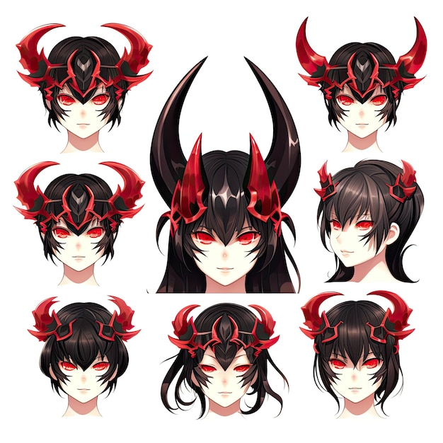 Conjunto de caras de chicas de anime con diferentes peinados Ilustración vectorial