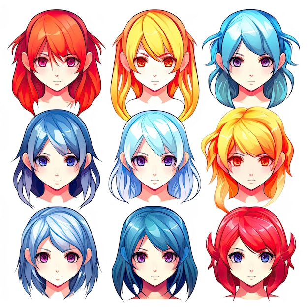 Conjunto de caras de chicas de anime con diferentes peinados Ilustración vectorial