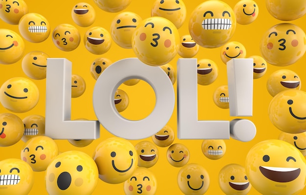 Conjunto de caras de personajes emoticonos emoji con la palabra LOL 3D Rendering