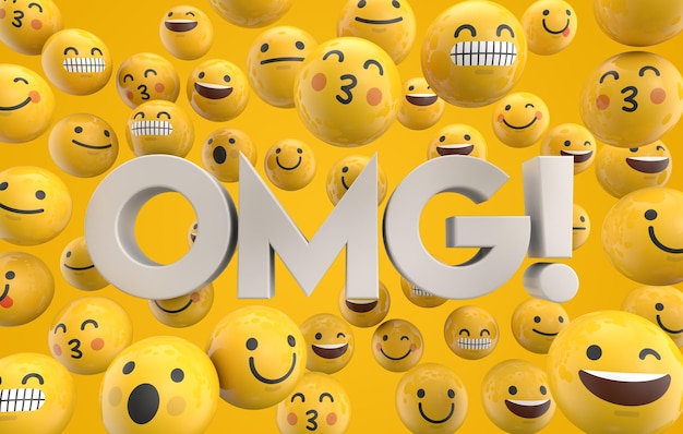 Conjunto de caras de personajes emoticonos emoji con la palabra OMG 3D Rendering