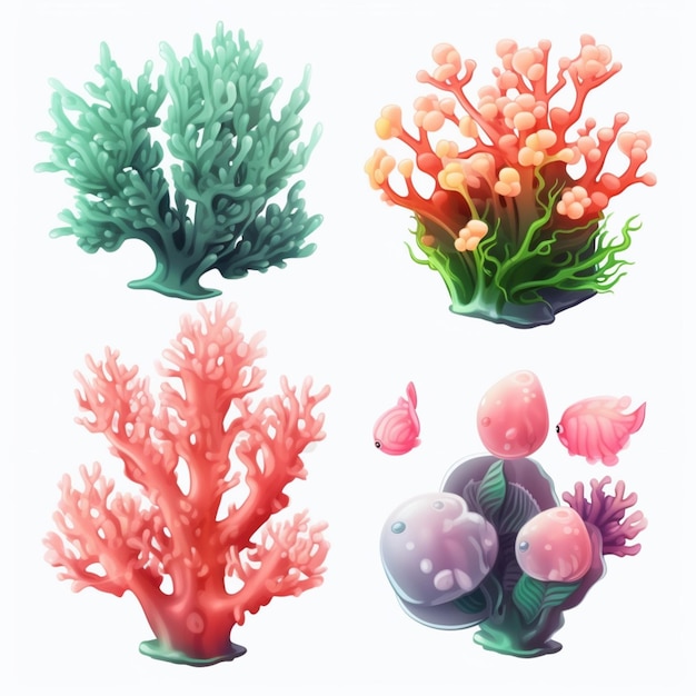 Un conjunto de caricaturas de corales y algas.