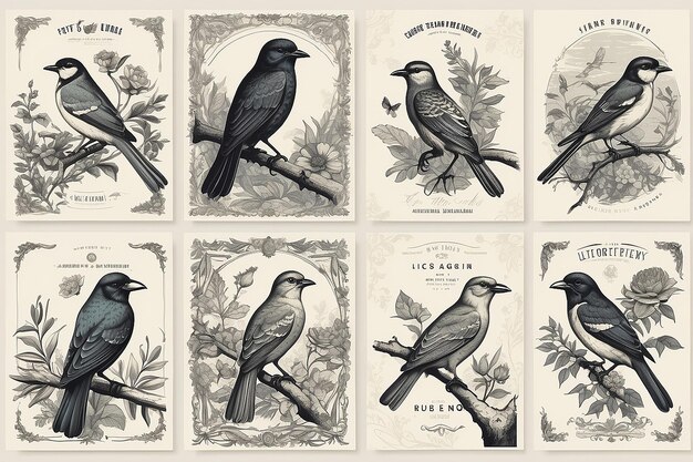 Foto conjunto de carteles vectoriales con aves ilustraciones de grabado y tipografía