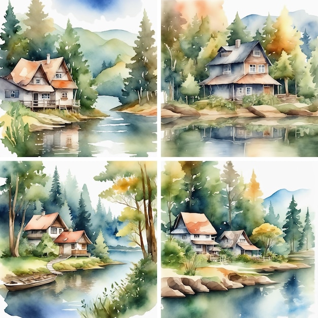 Conjunto de la casa de la abuela en la orilla del río Ilustración pintada a mano en acuarela