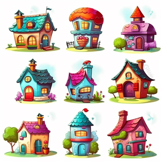 un conjunto de casas de dibujos animados con diferentes estilos de techo ai generativo