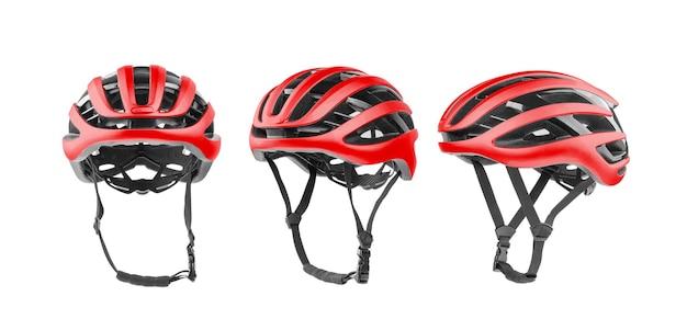 Conjunto de cascos de bicicleta rojos con vistas frontales laterales aislados sobre fondo blanco