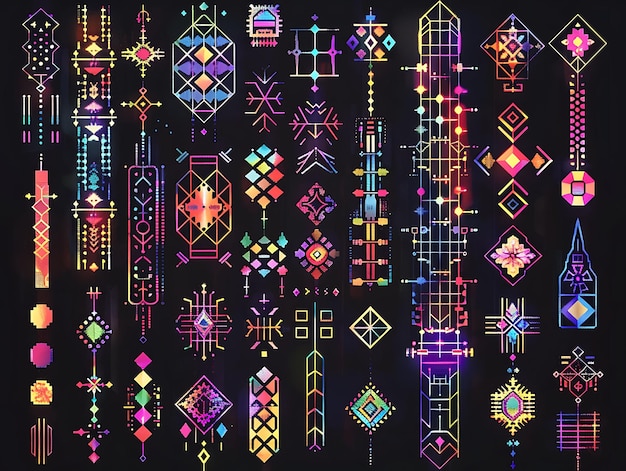 Conjunto de celosías de estilo retro pixel art con patrones lúdicos con diseño de arte de collage de activos de juego