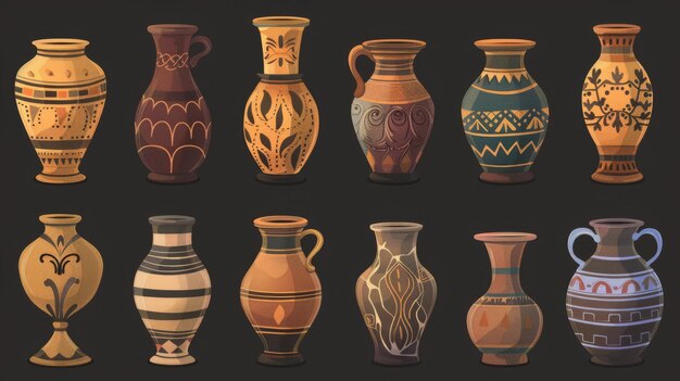 Conjunto de cerámica antigua aislado en fondo negro jarras de arcilla ánforas urnas de cerámica ilustraciones de cerámica antiga exposiciones de museos de historia